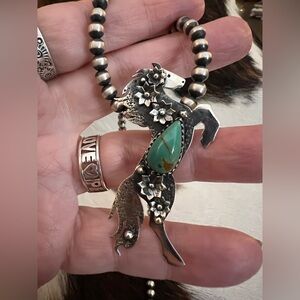 ❤️ Kingman Turquoise Decorative 925 Hand Stamped Statement Horse Pendant 2.22”L
